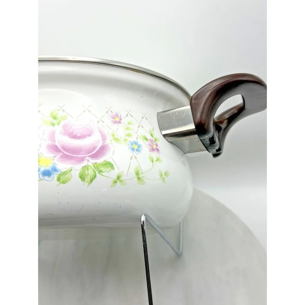 Vintage Sanko Ware Enamel Casserole Saucepan Pink Rose Floral Japan 7.5